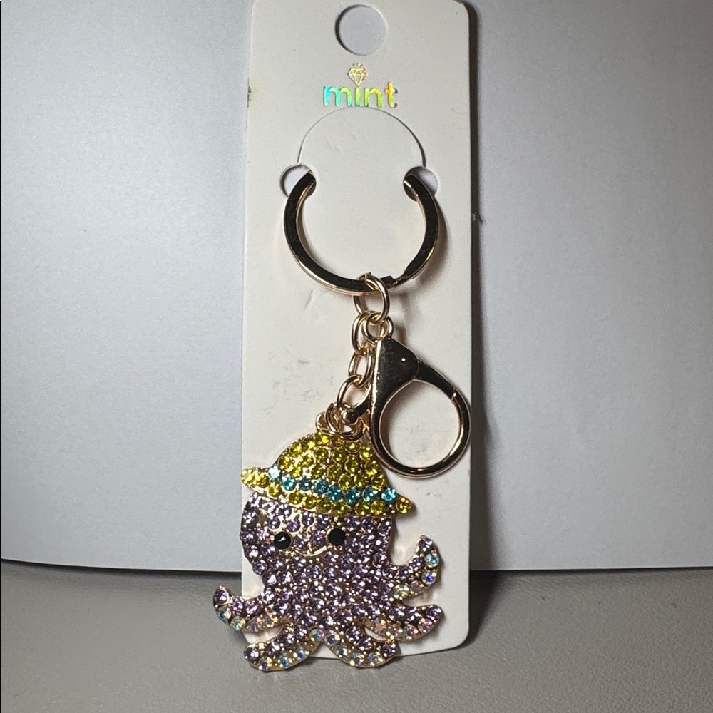 BAG CHARM Mint Gold and Purple Bejeweled Octopus Keychain